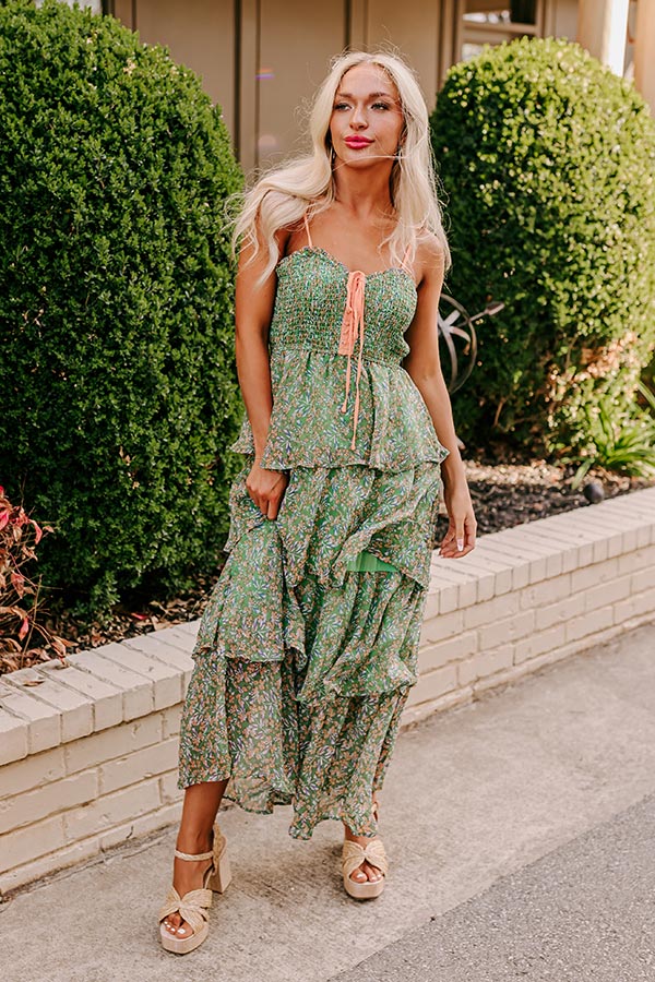 Premium Floral Chiffon Midi Dress - Green Wildflower Elegance