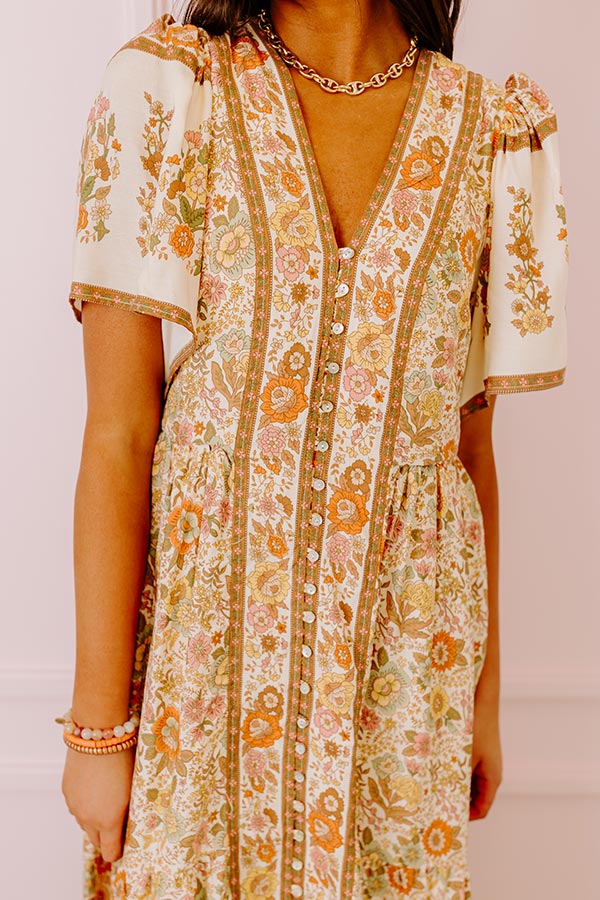 Premium Soho Stroll Floral Midi Dress in Cream - Ultimate Southern Charm