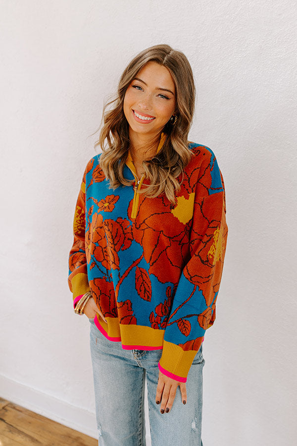 Premium Cider & Sunsets Floral Knit Sweater - Blue