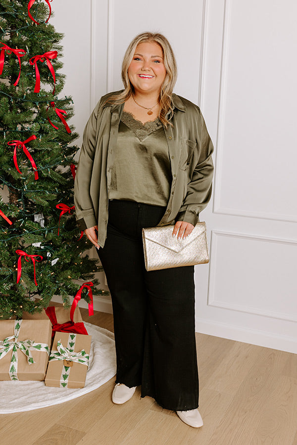 Premium Olive Satin Button-Down Top for Curves