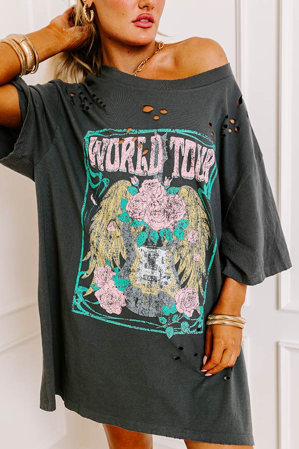 Premium World Tour Oversized Distressed Tee - Charcoal | Ultimate Adventure Style