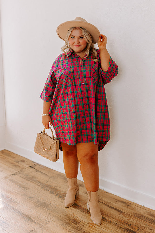 Premium Oversized Plaid Mini Dress - Chic Pink Curves