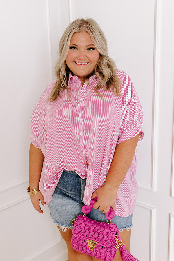 Premium Casually Chic Striped Button-Up Shirt in Pink Curves