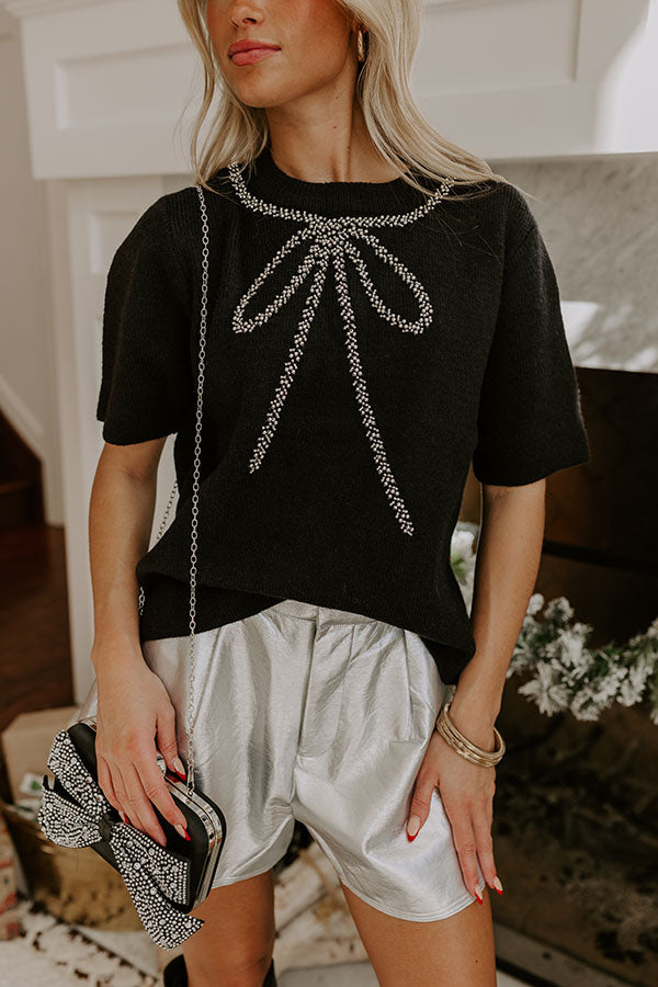 Ultimate Holiday Glam Beaded Bow Knit Top - Black