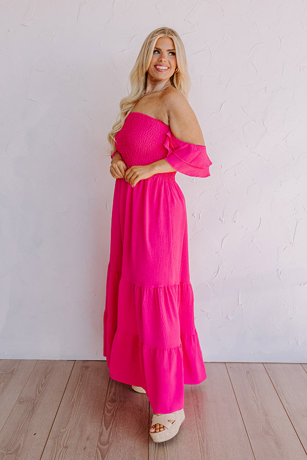 Premium Seaside Chic Smocked Maxi Dress - Hot Pink Curves