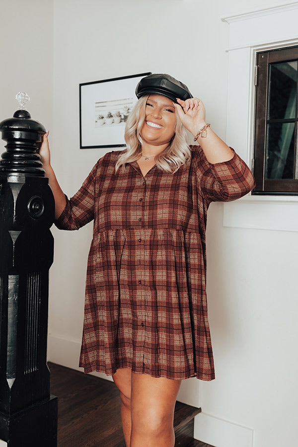 Premium Wine Plaid Tunic Dress - Ultimate Comfort for Curves