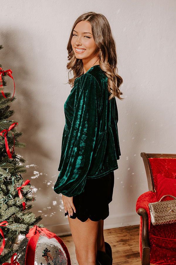 Premium Velvet Front Tie Top - Hunter Green