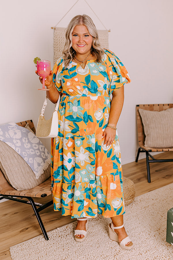 Ultimate Floral Midi Dress - Sunset Orange Elegance