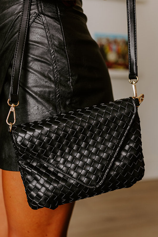 Premium Black Woven Faux Leather Clutch with Detachable Straps