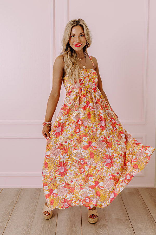 Premium Floral Midi Dress - Golden Honey Elegance