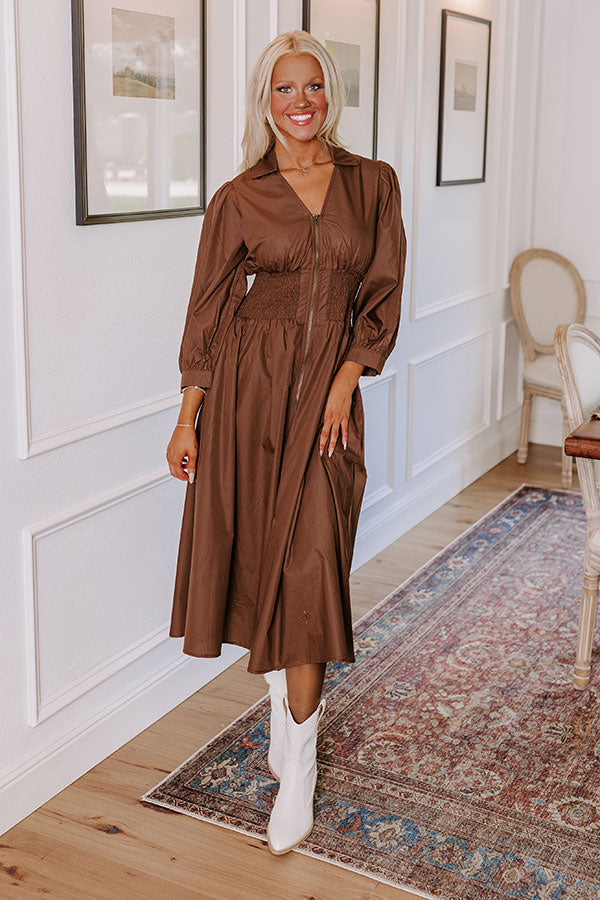 Premium Kind Glance Smocked Midi Dress in Chocolate