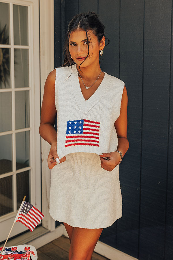 Premium American Flag Knit Crop Top - White