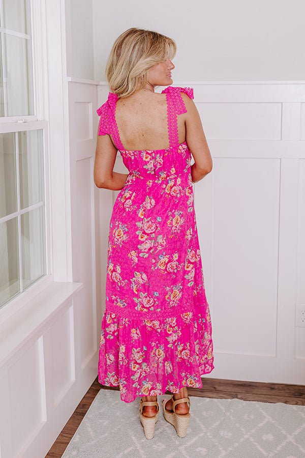 Premium Secret Rose Garden Midi Dress in Hot Pink