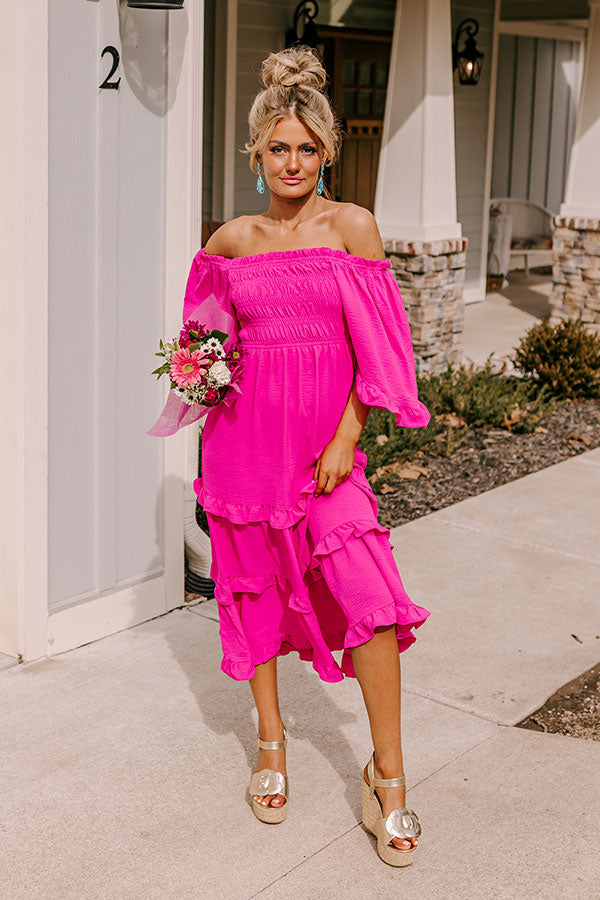 Premium Hot Pink Smocked Midi Dress - Ultimate Beach Style