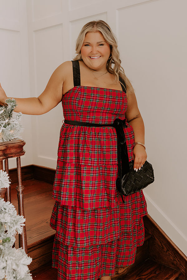 Premium Holiday Harmony Plaid Tiered Midi Dress