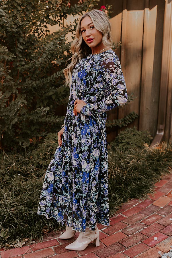 Ultimate Vineyard Cutie: Asymmetrical Floral Mesh Midi Dress in Black