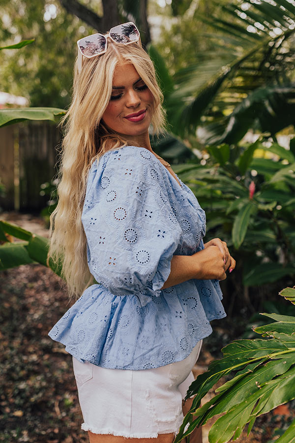 Premium Sky Blue Eyelet Top with Flowy Silhouette