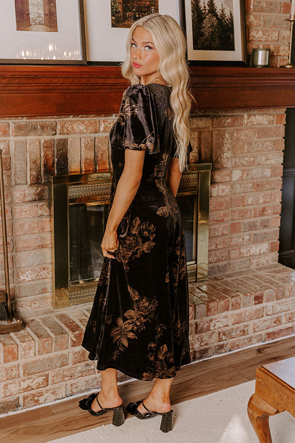 Premium Maple & Mahogany Floral Velvet Midi Dress