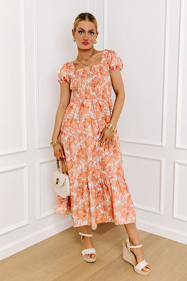 Premium Orange Smocked Midi Dress for Summer Outings