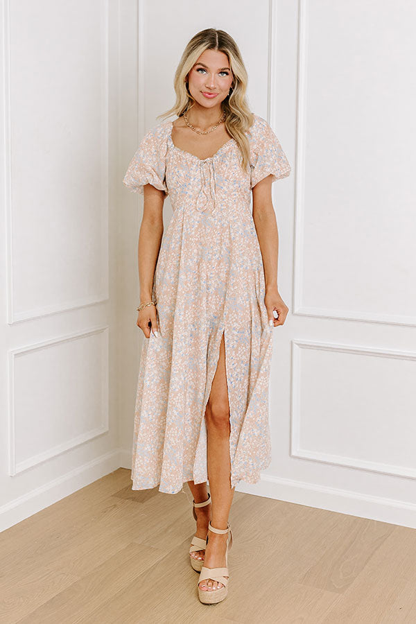 Ultimate Whimsical Daydream Floral Midi Dress in Iced Latte