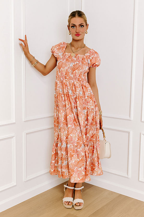 Premium Orange Smocked Midi Dress for Summer Outings