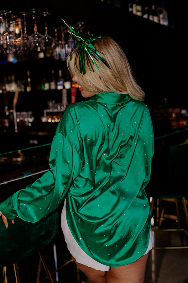 Premium Milan Muse Rhinestone Satin Blouse - Kelly Green Elegance