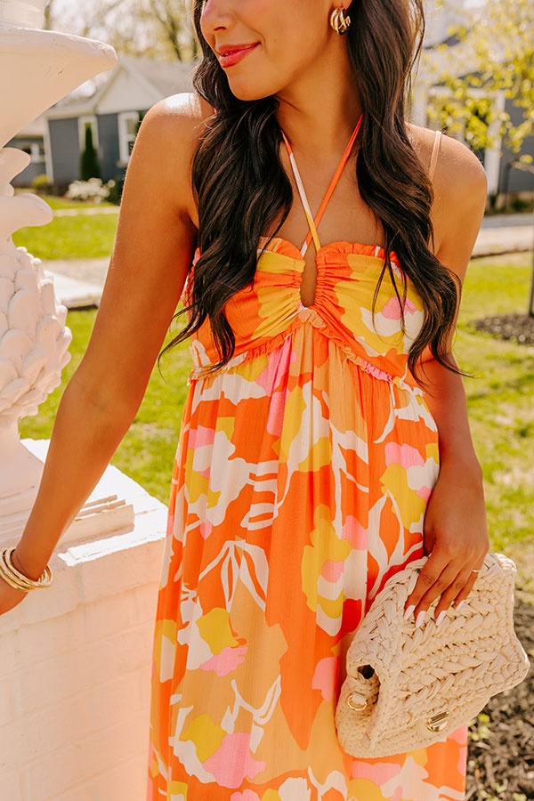 Premium Tropical Escape Midi Dress - Vibrant Orange