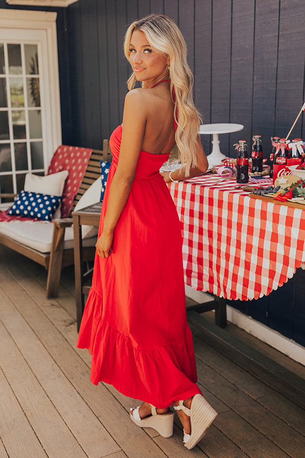 Premium Lakeside Party Halter Midi Dress - Red
