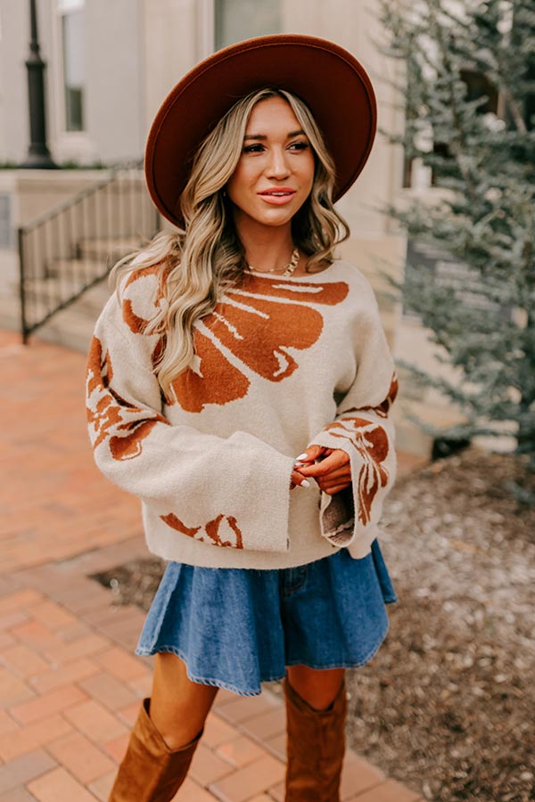 Premium Chai Latte & Cozy Floral Knit Sweater in Oatmeal