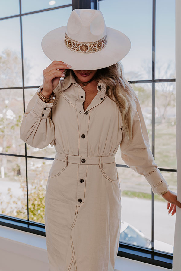 Premium City Chic Denim Midi Dress - Effortless Style in Beige