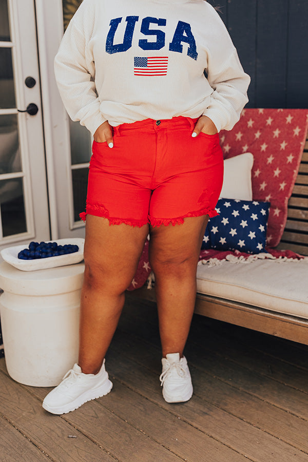 Premium High Waist Distressed Denim Shorts - Red Curves Collection