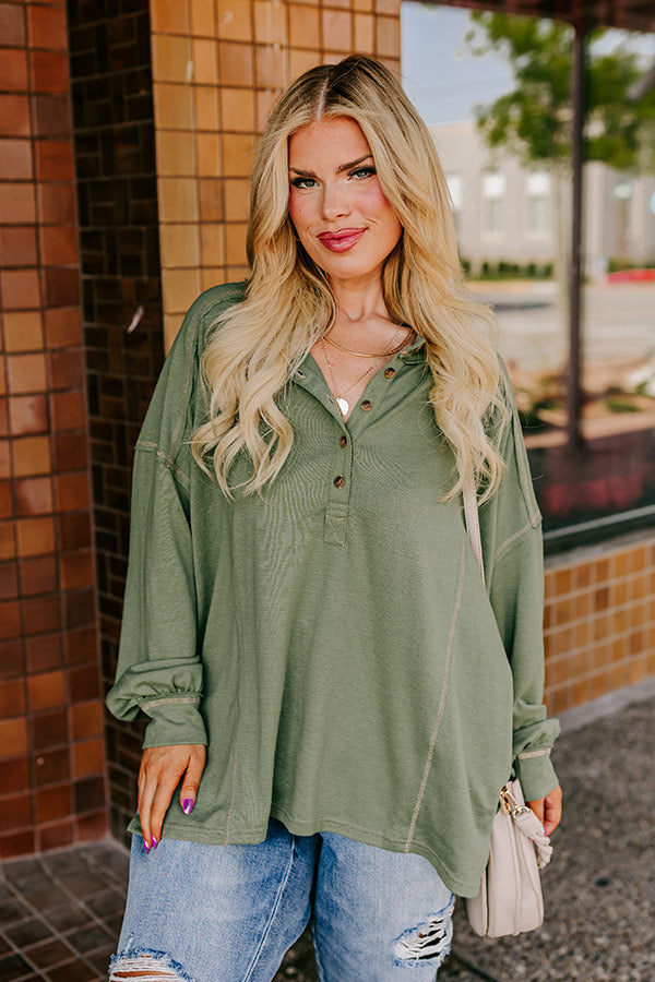 Premium Cafe Cutie Henley Tee - Olive Curves | Ultimate Comfort & Style