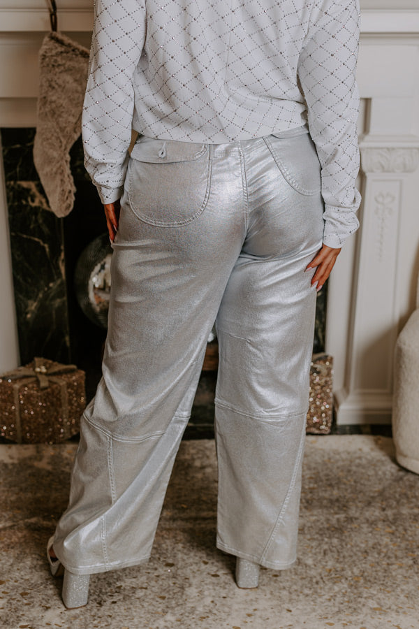 Premium Metallic High-Waist Pants - Silver Curves Collection