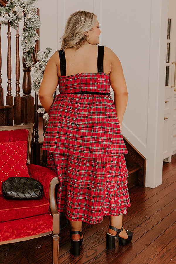 Premium Holiday Harmony Plaid Tiered Midi Dress