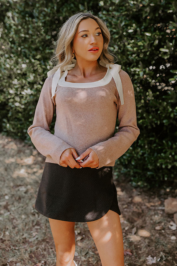 Premium Mocha Knit Top with Bow Accents - Small Town Bistro Collection