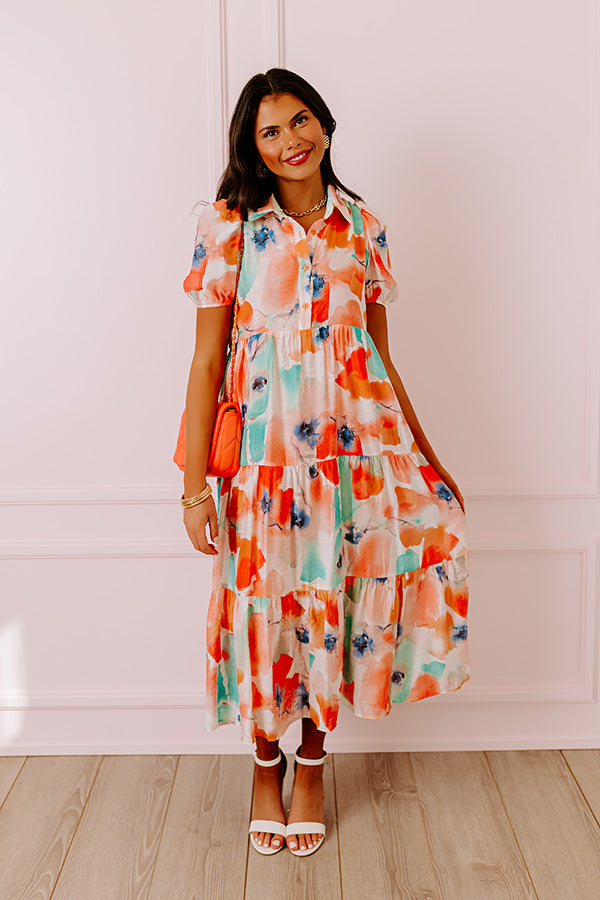 Premium Coral Floral Midi Dress – Graceful Elegance