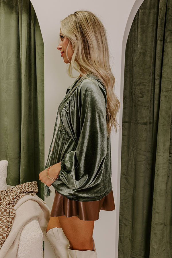 Premium Velvet Babydoll Top - Olive Elegance