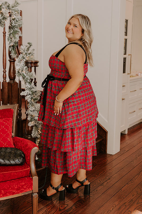 Premium Holiday Harmony Plaid Tiered Midi Dress