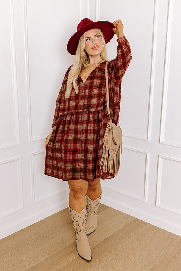 Premium Wine Plaid Tunic Dress - Ultimate Comfort for Curves