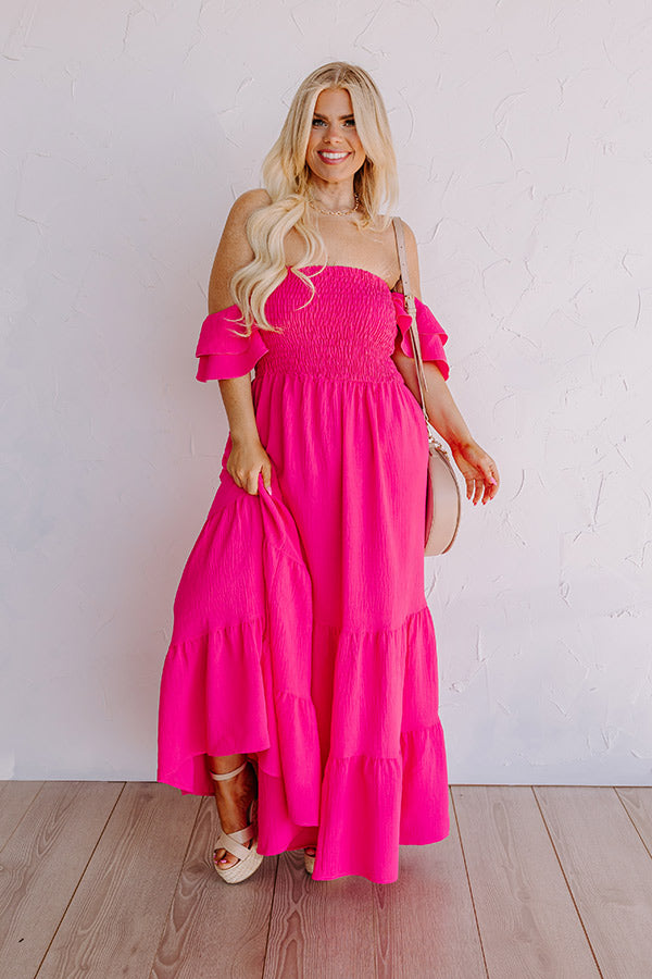 Premium Seaside Chic Smocked Maxi Dress - Hot Pink Curves