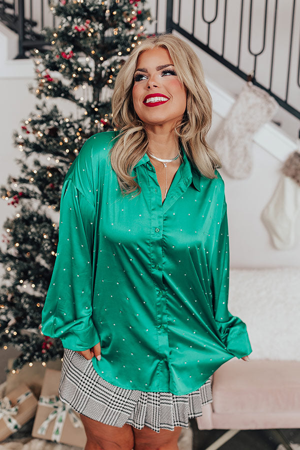 Premium Milan Muse Rhinestone Satin Blouse - Kelly Green Elegance