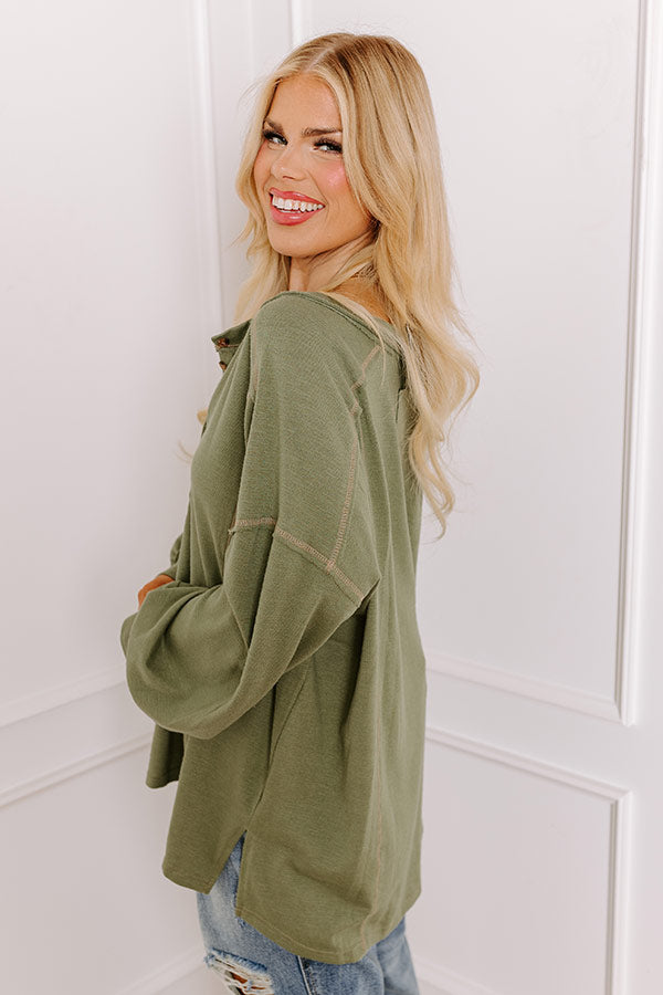 Premium Cafe Cutie Henley Tee - Olive Curves | Ultimate Comfort & Style