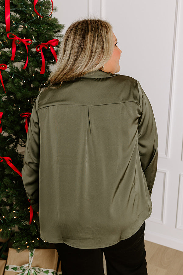 Premium Olive Satin Button-Down Top for Curves