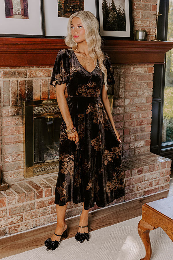 Premium Maple & Mahogany Floral Velvet Midi Dress