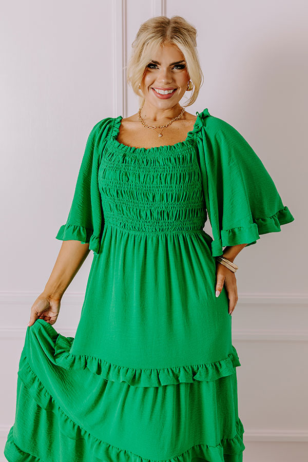 Premium Green Curves Smocked Midi Dress - Ultimate Beach Style