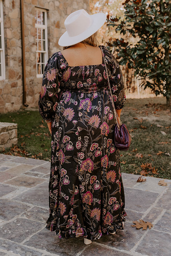 Ultimate Autumn Encounters Satin Floral Maxi Dress for Curves