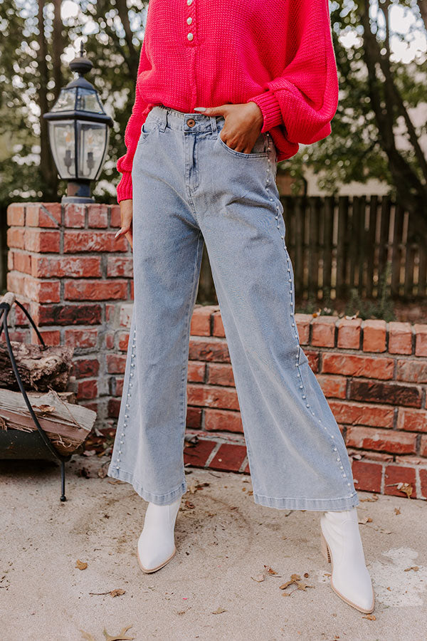 Premium High Waist Pearl-Embellished Jeans | Light Wash Denim