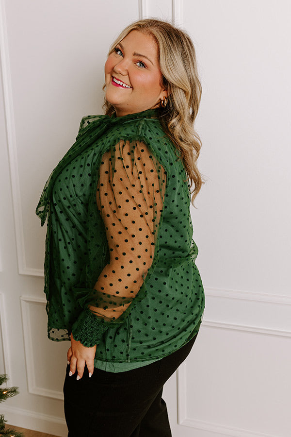 Premium Hunter Green Chiffon Polka Dot Shift Top with Sheer Sleeves