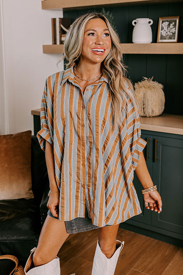 Premium Pumpkin Spice Cutie Oversized Button-Up Shirt in Autumn Sky