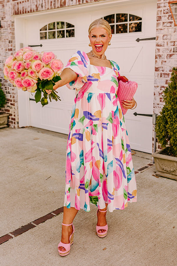 Premium Peaceful Pause Midi Dress - Floral Pink Elegance